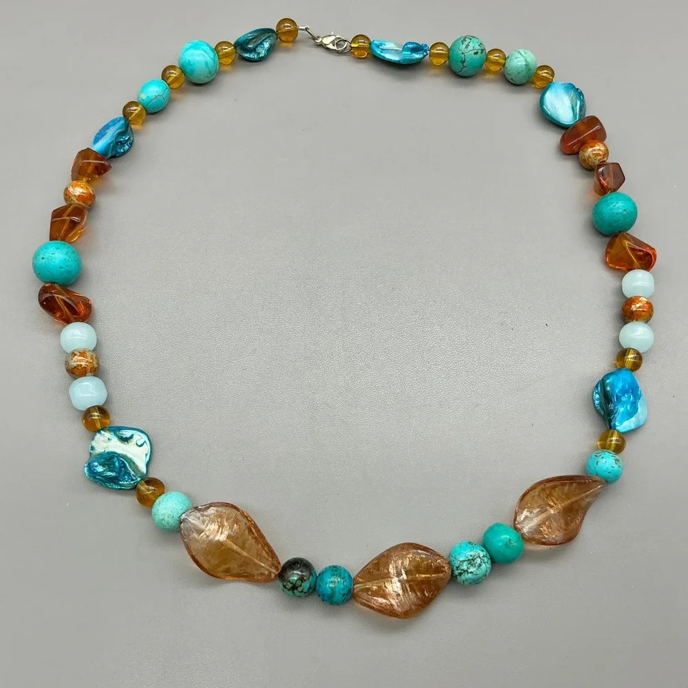 Necklace Turquoise Blue Amber Beaded Shell Gold Foil Long Boho Statement 30